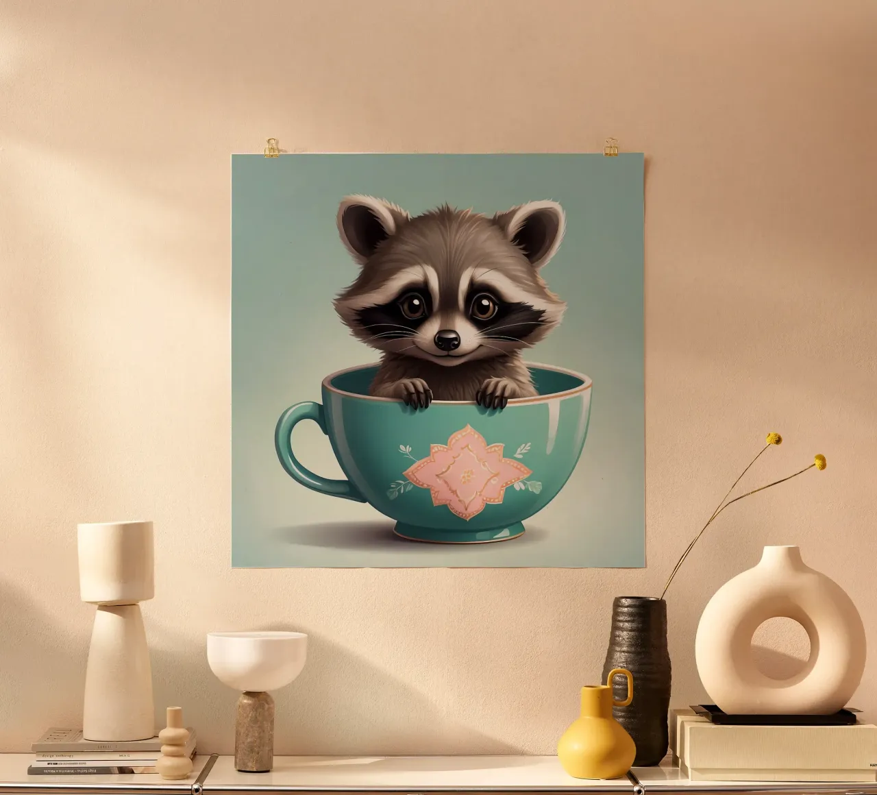 Simpatico procione in una tazza decorativa blu si mette in posa giocosamente carta hahnemühle da DesignDoodle