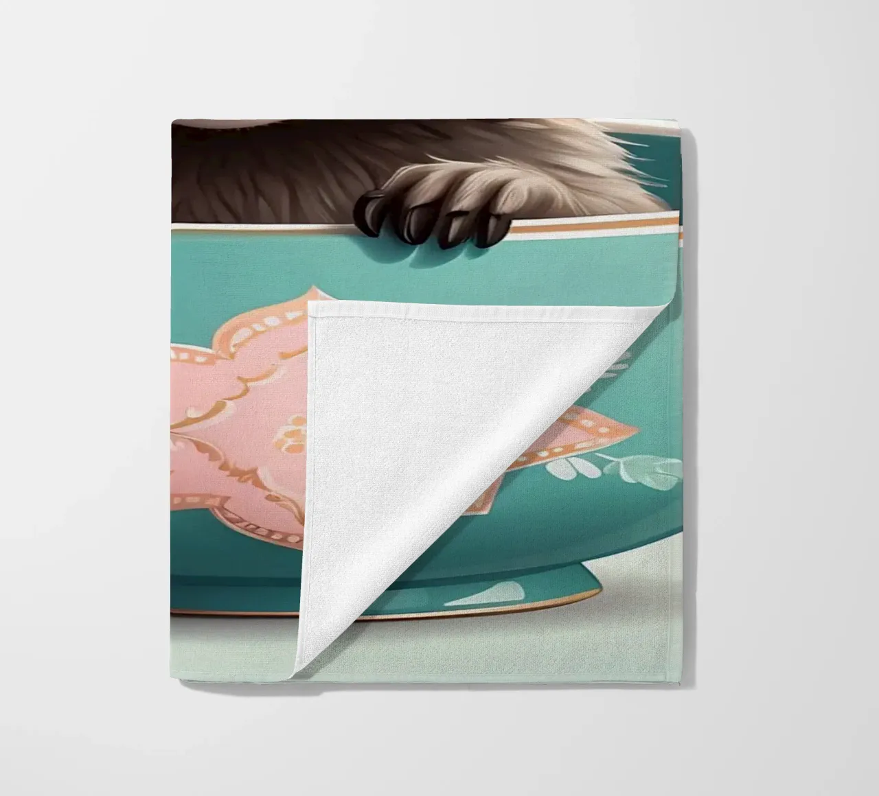 Simpatico procione in una tazza decorativa blu si mette in posa giocosamente telo mare da DesignDoodle