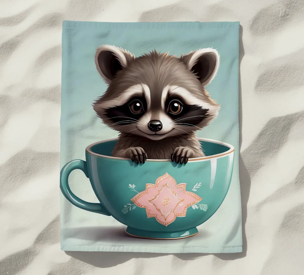 Simpatico procione in una tazza decorativa blu si mette in posa giocosamente telo mare da DesignDoodle