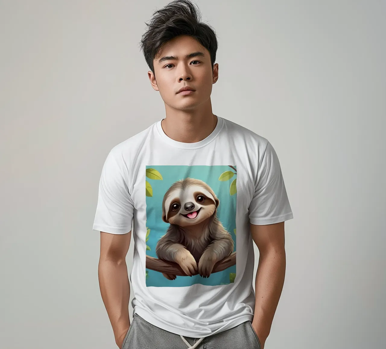 Bradipo felicemente appeso al ramo di un albero in una giungla lussureggiante t-shirt da DesignDoodle
