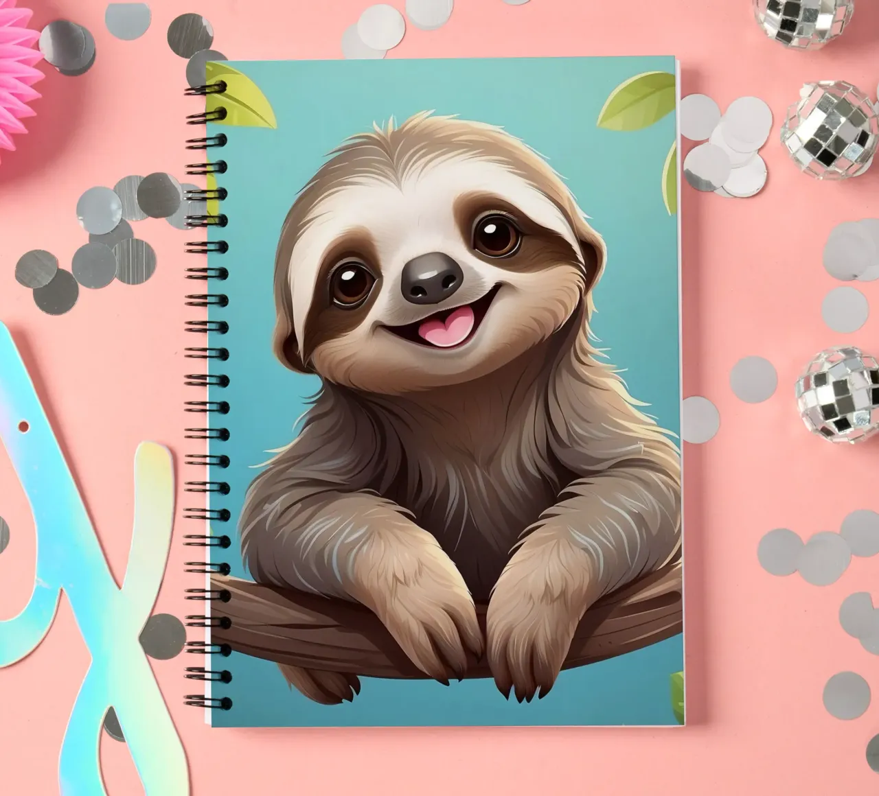 Sloth happily hanging on a tree branch in a lush jungle spiral notebook by DesignDoodle