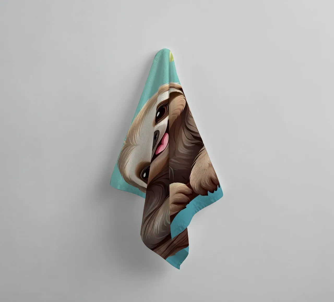 Sloth happily hanging on a tree branch in a lush jungle towel by DesignDoodle