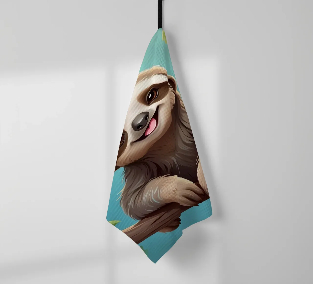 Paresseux heureux accroché à une branche d'arbre dans une jungle luxuriante torchon de DesignDoodle
