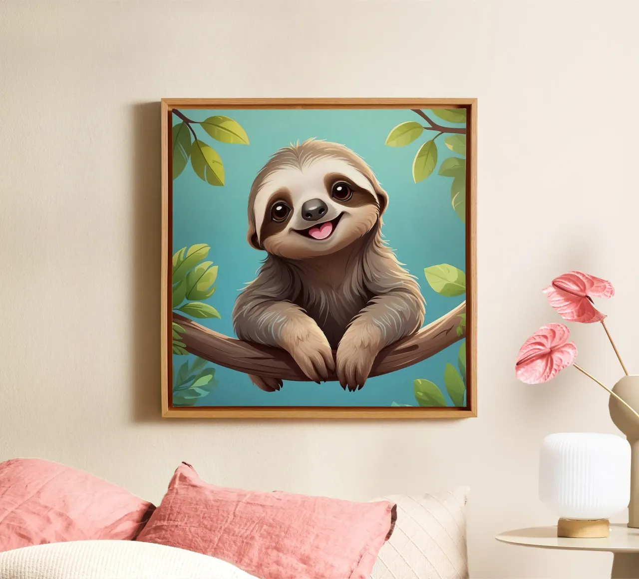 Sloth happily hanging on a tree branch in a lush jungle canvas by DesignDoodle