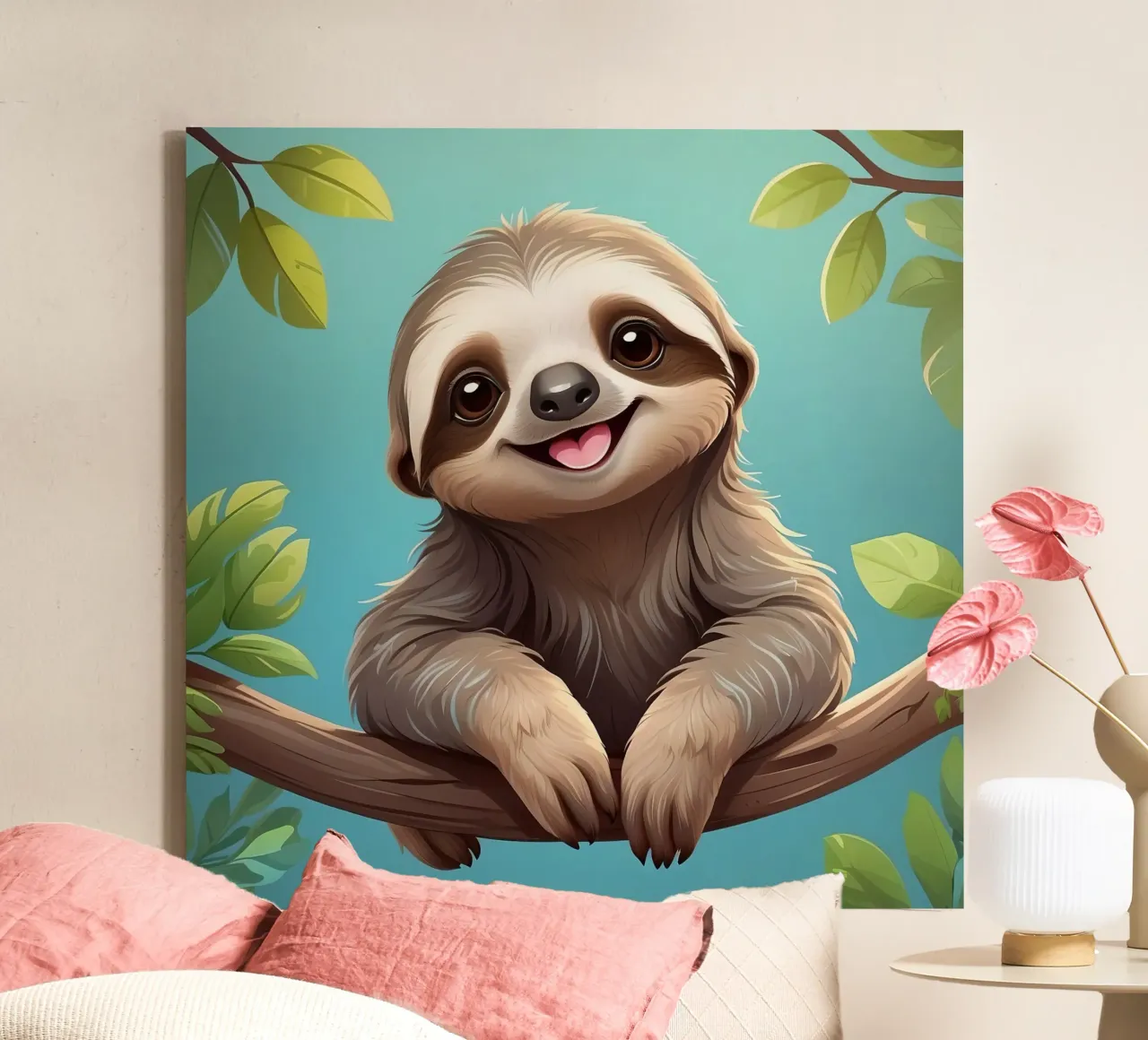 Sloth happily hanging on a tree branch in a lush jungle canvas by DesignDoodle