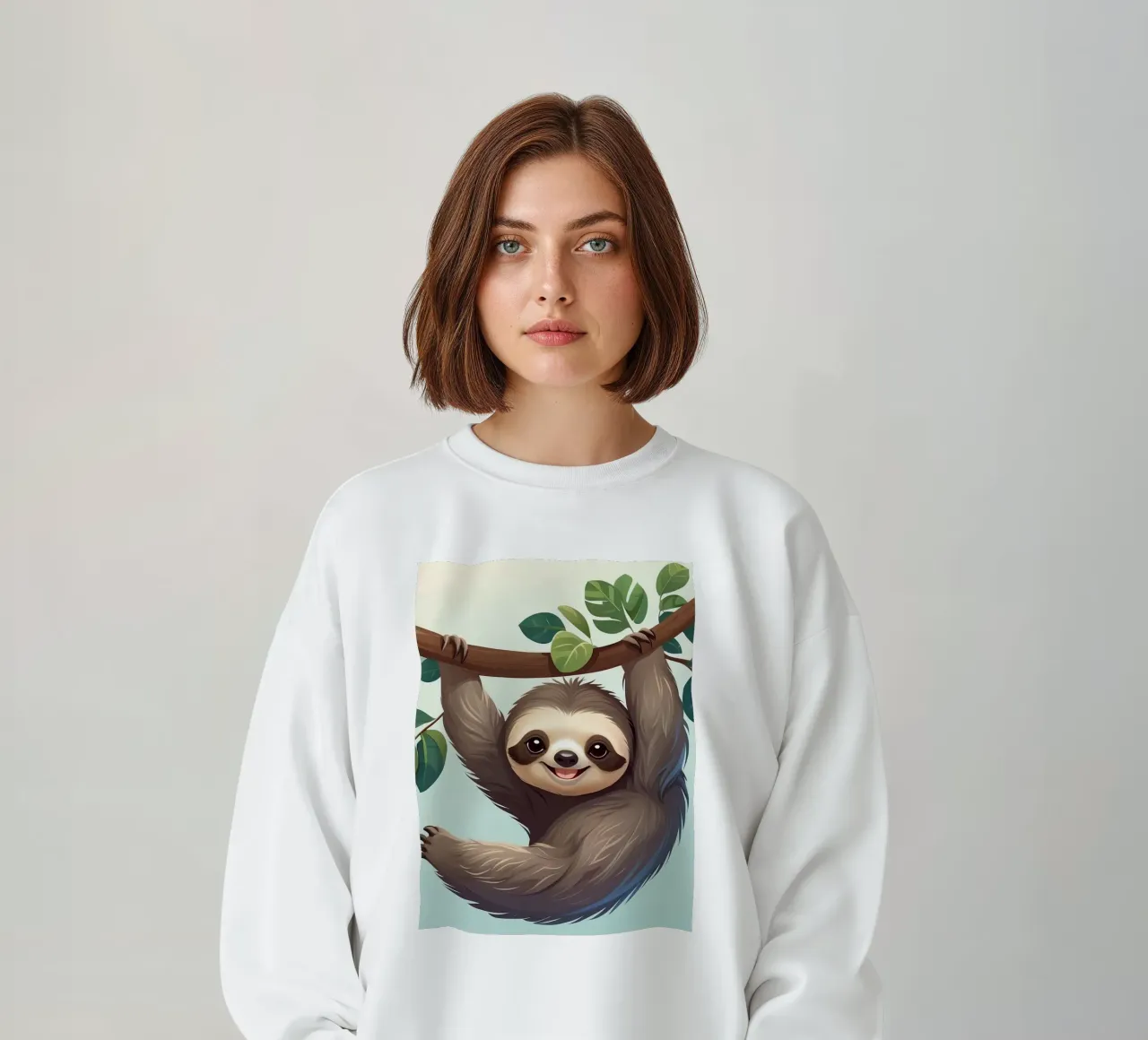 Nettes Faultier, das an einem Ast mit Blättern hängt Sweatshirt von DesignDoodle