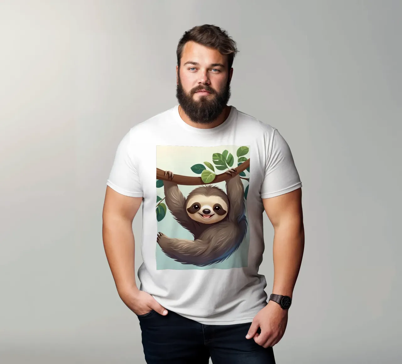 Cute fun sloth hanging from a tree branch with leaves t-shirt by DesignDoodle
