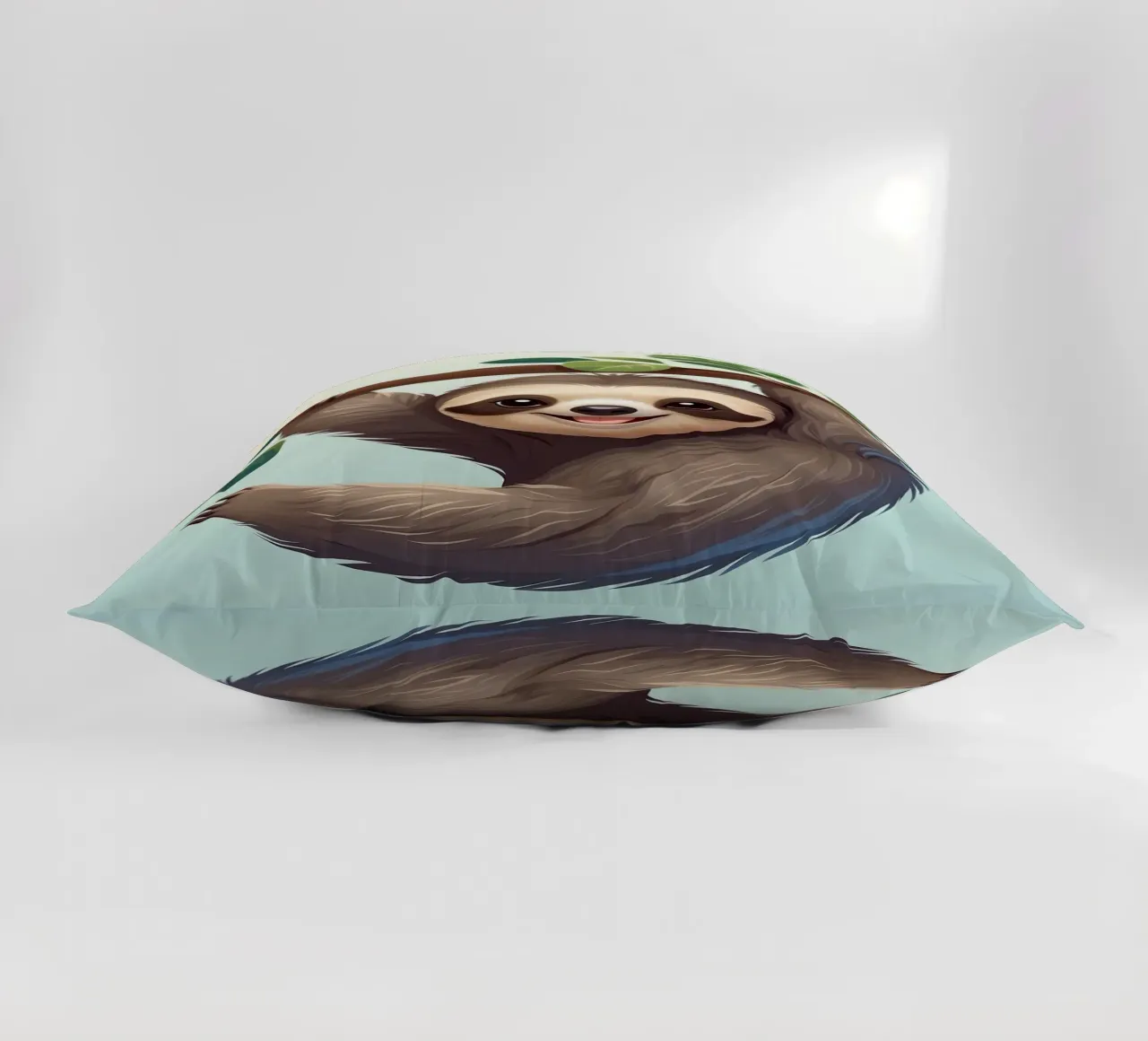Cute fun sloth hanging from a tree branch with leaves decorative cushion by DesignDoodle