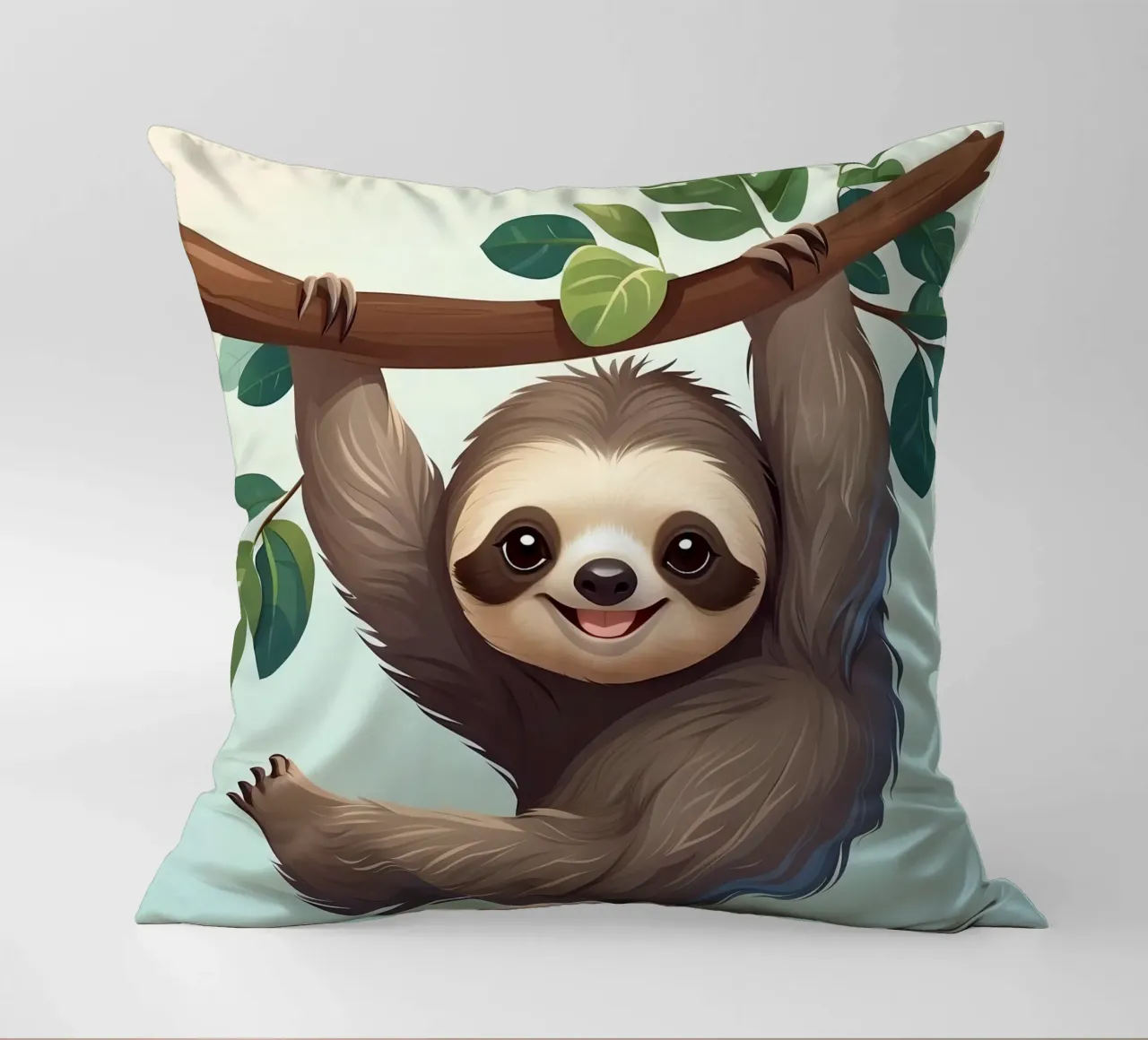 Cute fun sloth hanging from a tree branch with leaves decorative cushion by DesignDoodle