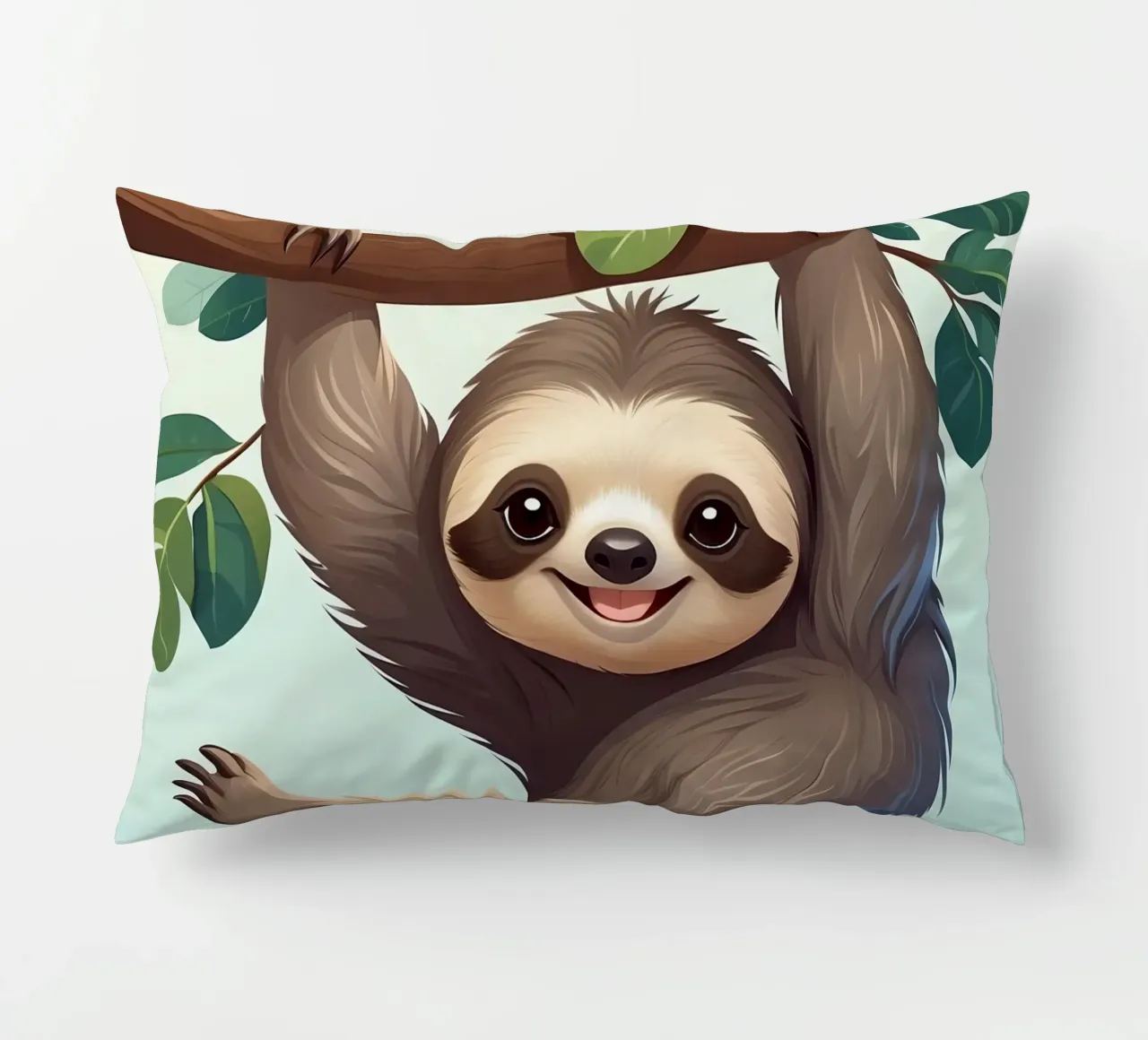 Cute fun sloth hanging from a tree branch with leaves decorative cushion by DesignDoodle