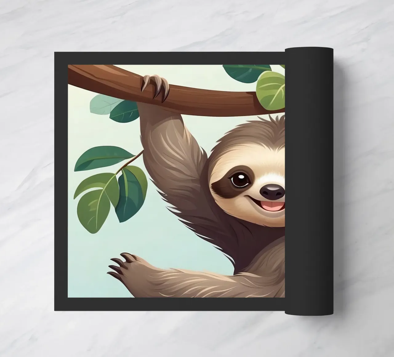 Cute fun sloth hanging from a tree branch with leaves doormat by DesignDoodle