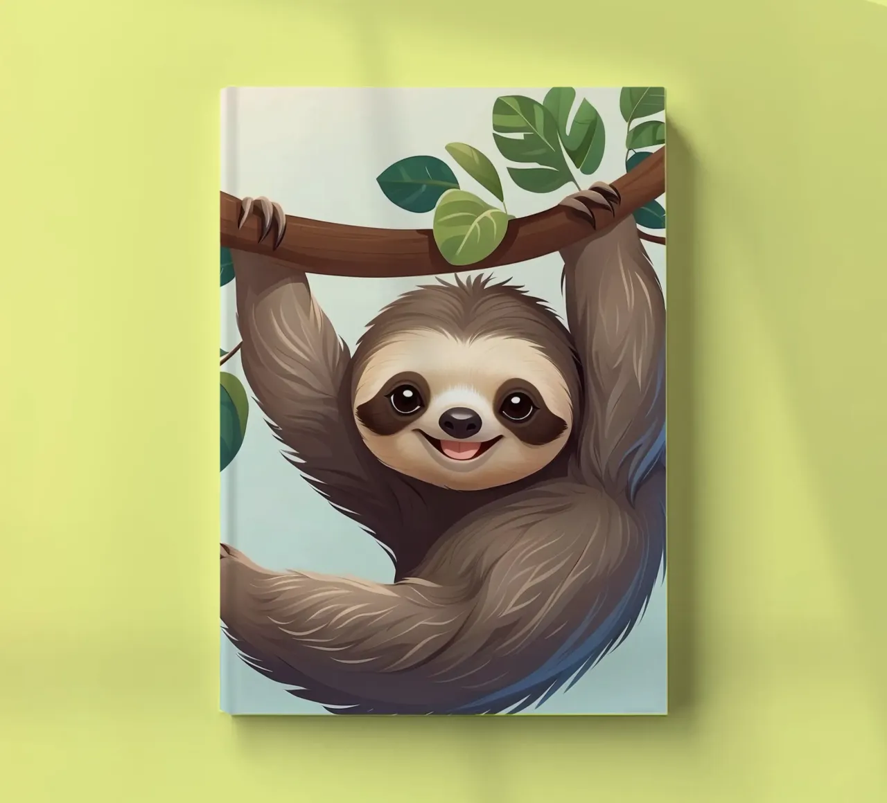 Cute fun sloth hanging from a tree branch with leaves notebook by DesignDoodle