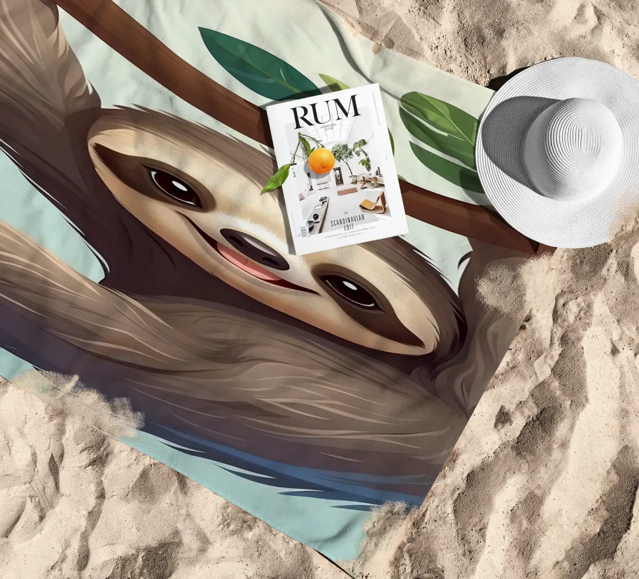 Nettes Faultier, das an einem Ast mit Blättern hängt Strandtuch von DesignDoodle
