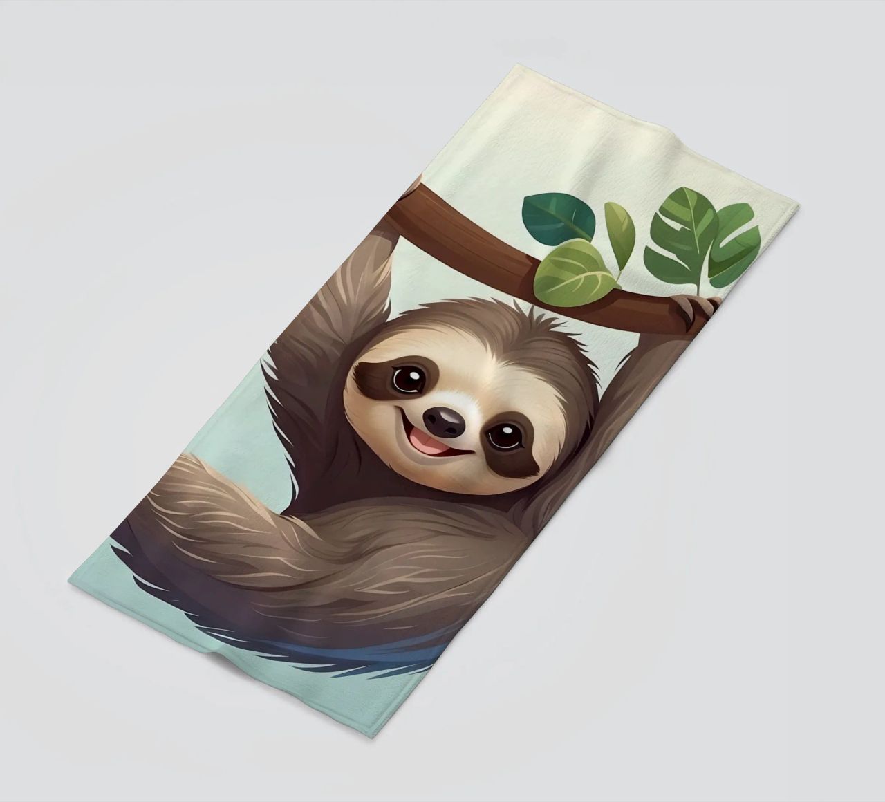 Simpatico bradipo appeso al ramo di un albero con le foglie telo mare da DesignDoodle