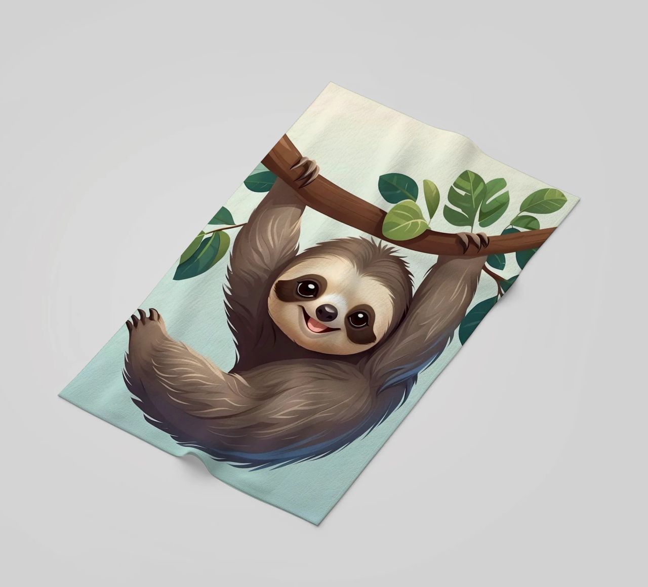 Simpatico bradipo appeso al ramo di un albero con le foglie telo mare da DesignDoodle