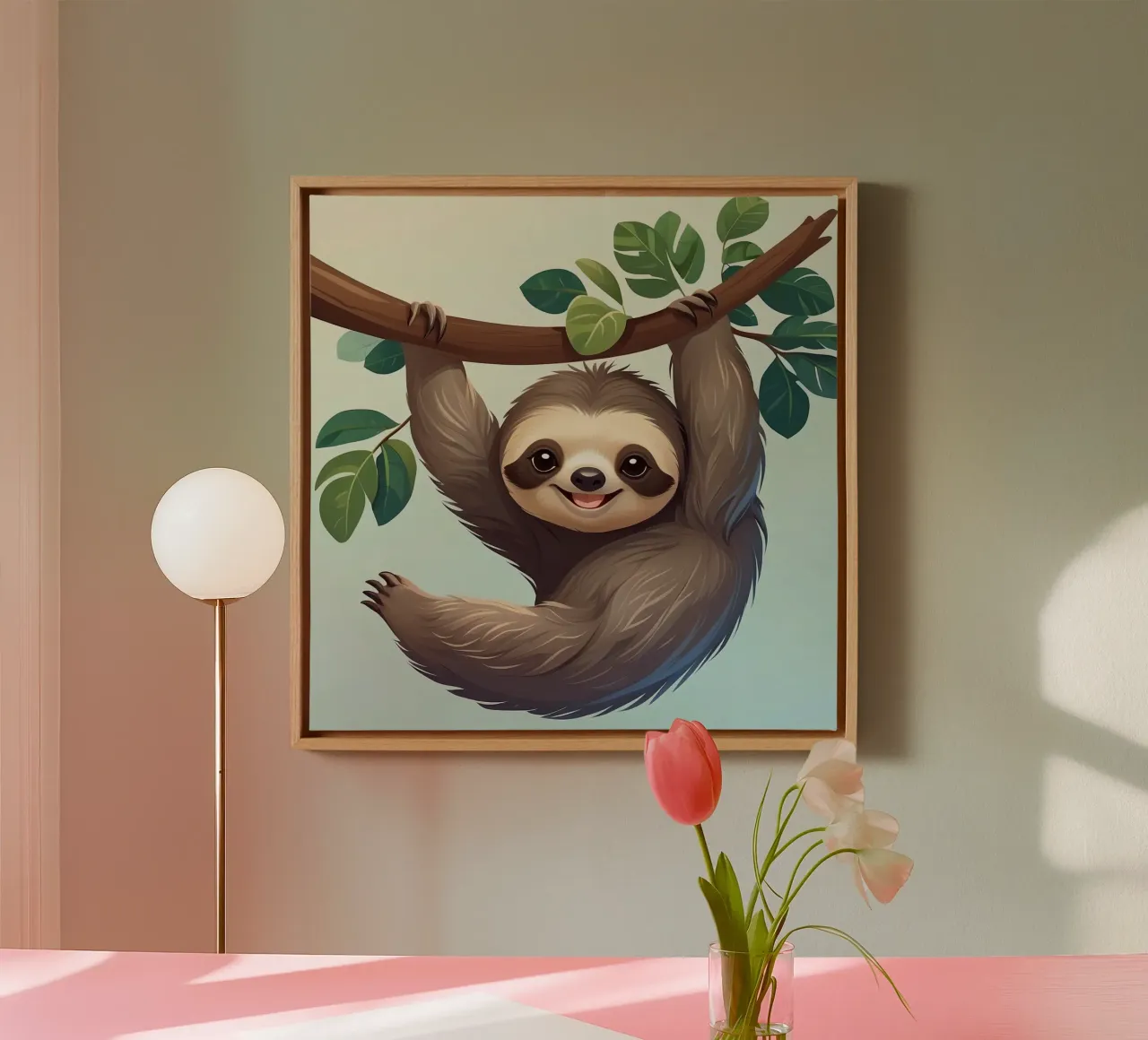 Cute fun sloth hanging from a tree branch with leaves canvas by DesignDoodle