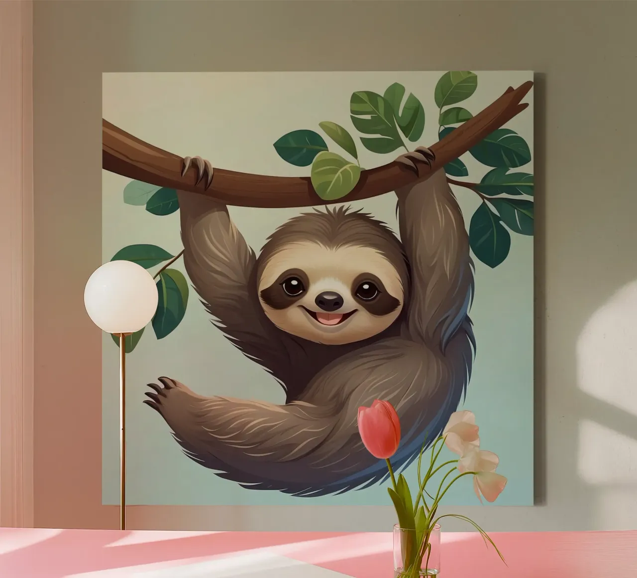Cute fun sloth hanging from a tree branch with leaves canvas by DesignDoodle