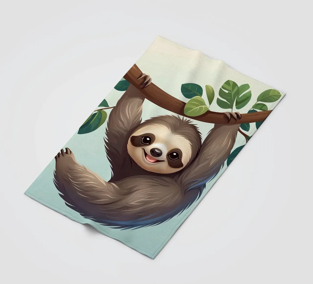 Cute fun sloth hanging from a tree branch with leaves fleece blanket by DesignDoodle