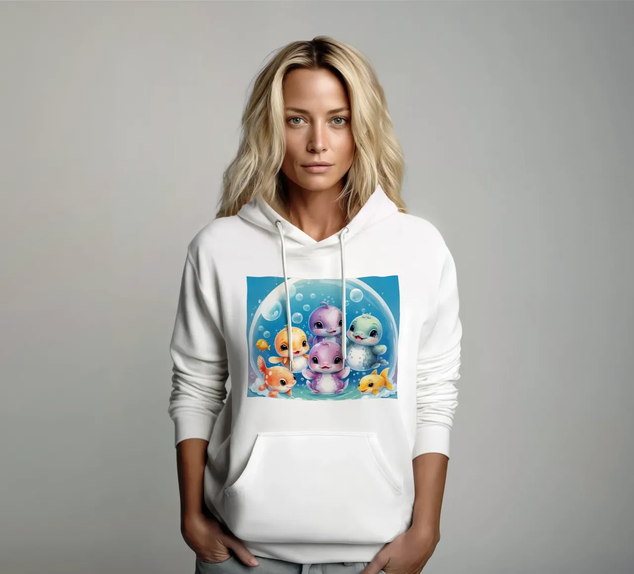 Simpatici personaggi acquatici giocano all'interno di una bolla sott'acqua felpa con cappuccio da DesignDoodle