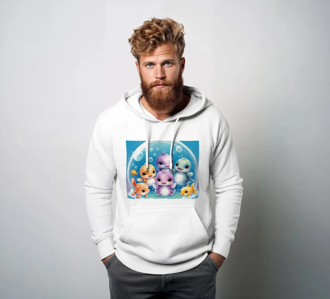 Simpatici personaggi acquatici giocano all'interno di una bolla sott'acqua felpa con cappuccio da DesignDoodle