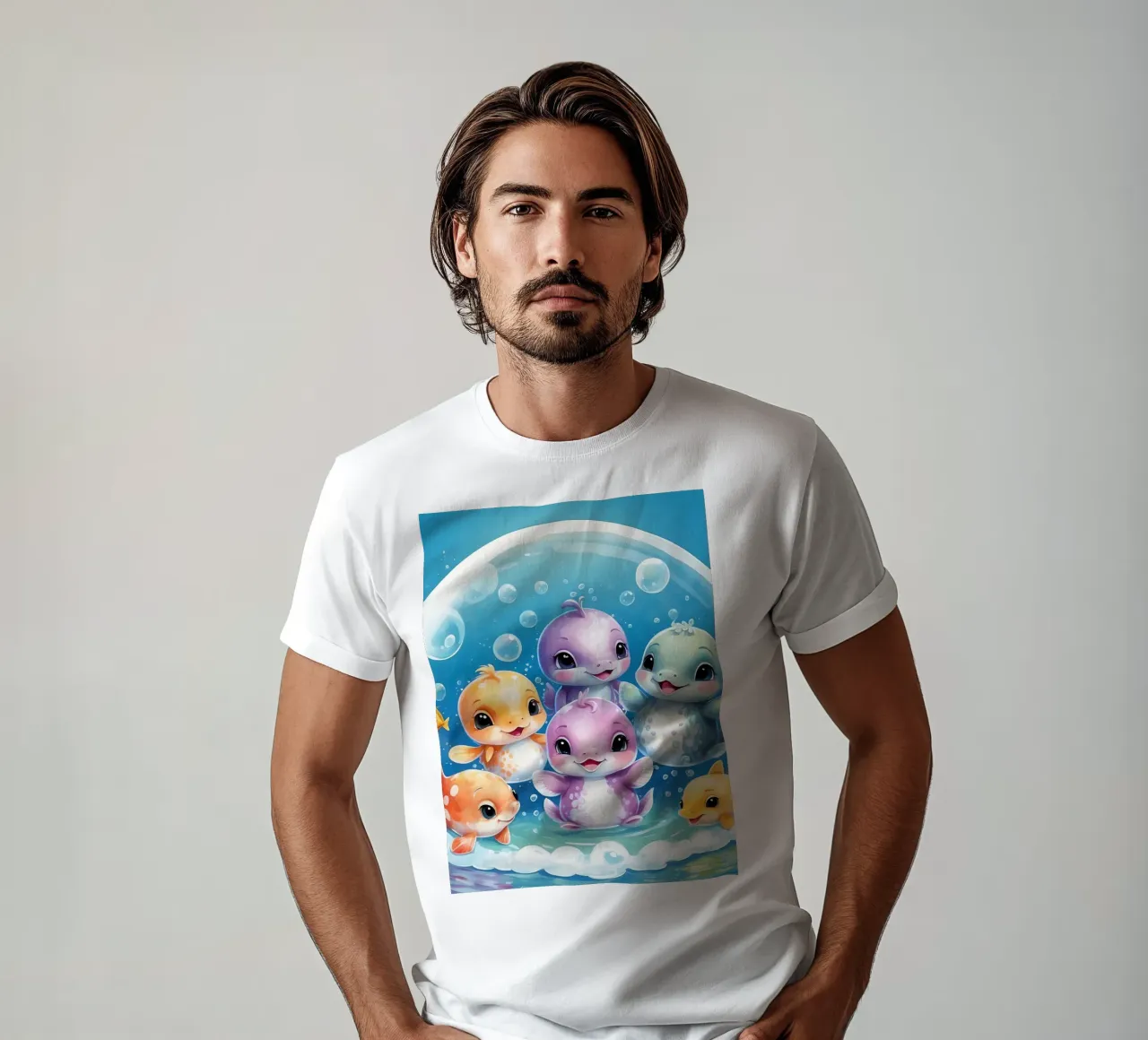 Simpatici personaggi acquatici giocano all'interno di una bolla sott'acqua t-shirt da DesignDoodle