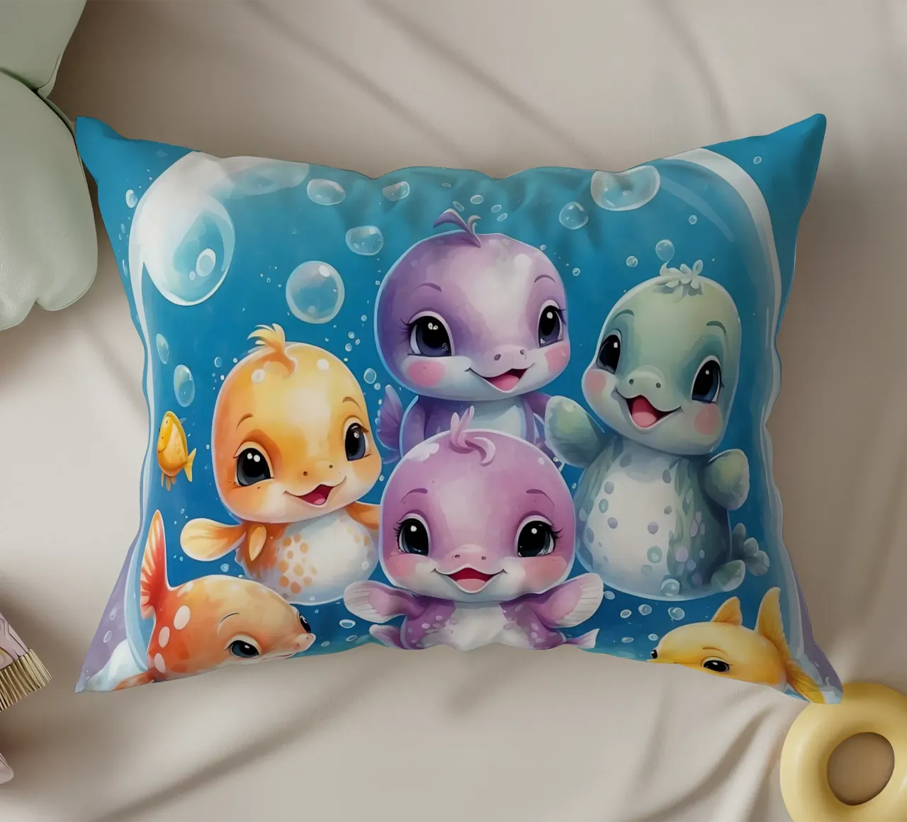 Simpatici personaggi acquatici giocano all'interno di una bolla sott'acqua cuscino da DesignDoodle