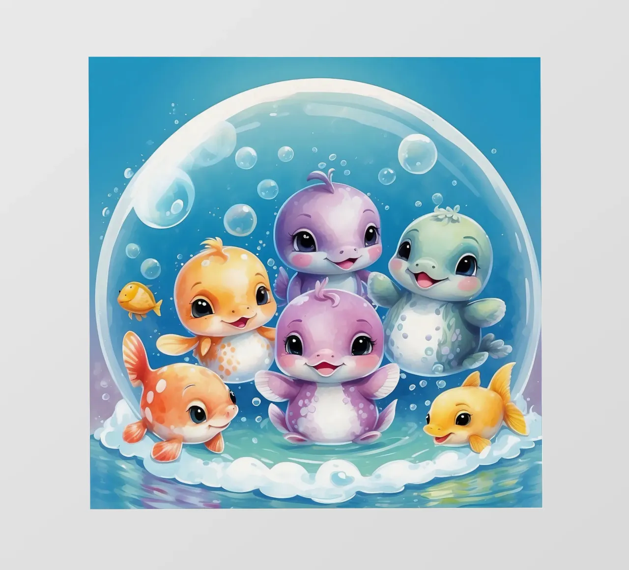 Simpatici personaggi acquatici giocano all'interno di una bolla sott'acqua telo in pvc da DesignDoodle