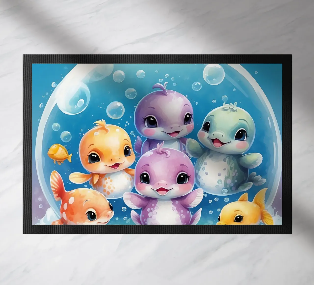 Simpatici personaggi acquatici giocano all'interno di una bolla sott'acqua zerbino da DesignDoodle