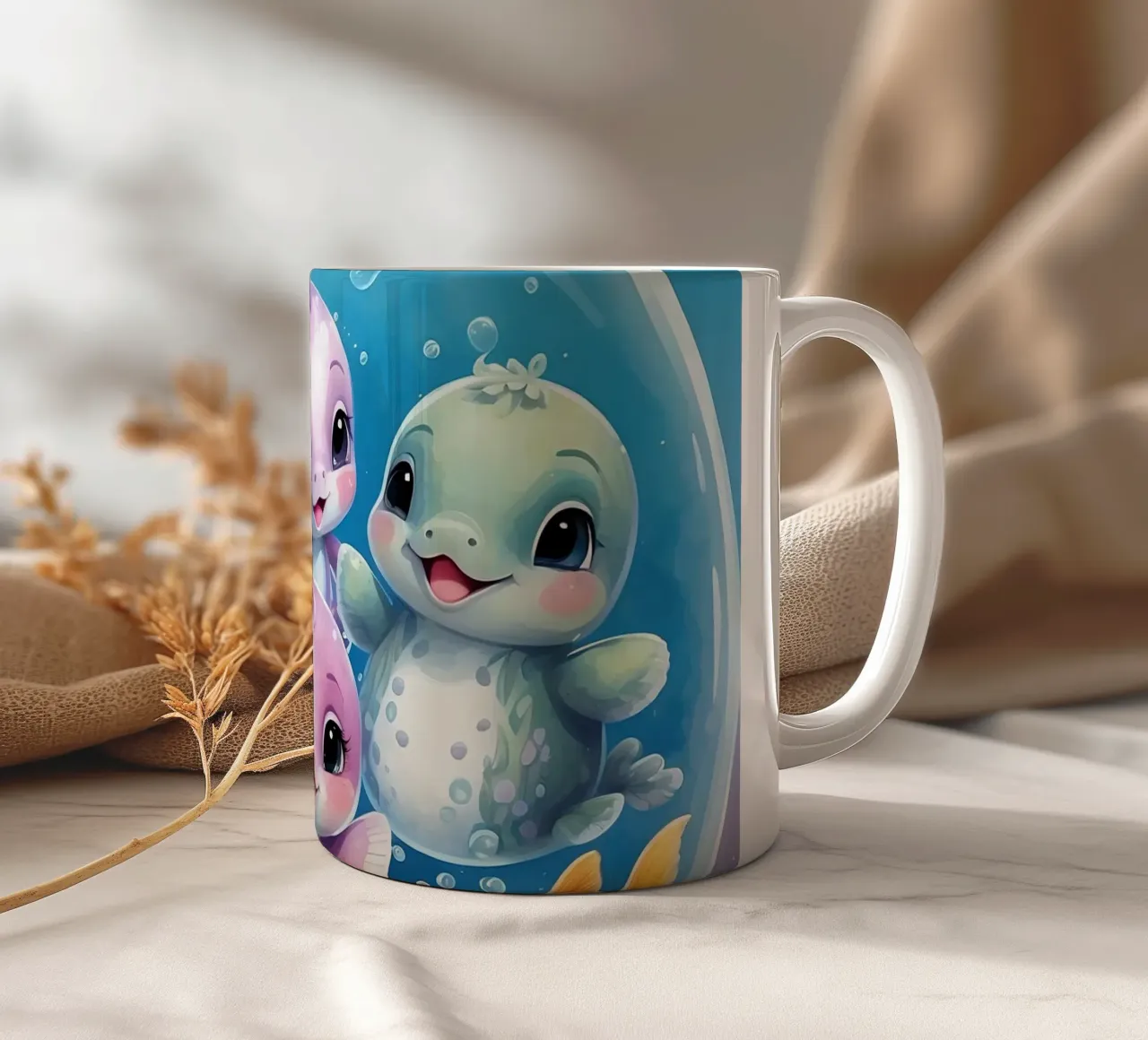 Simpatici personaggi acquatici giocano all'interno di una bolla sott'acqua tazza in ceramica da DesignDoodle