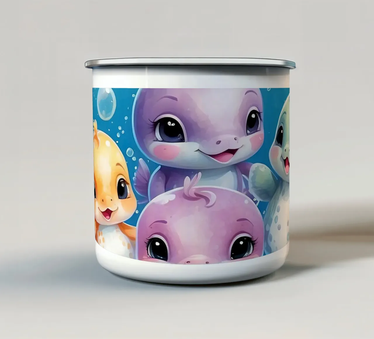 Simpatici personaggi acquatici giocano all'interno di una bolla sott'acqua tazza in smalto da DesignDoodle