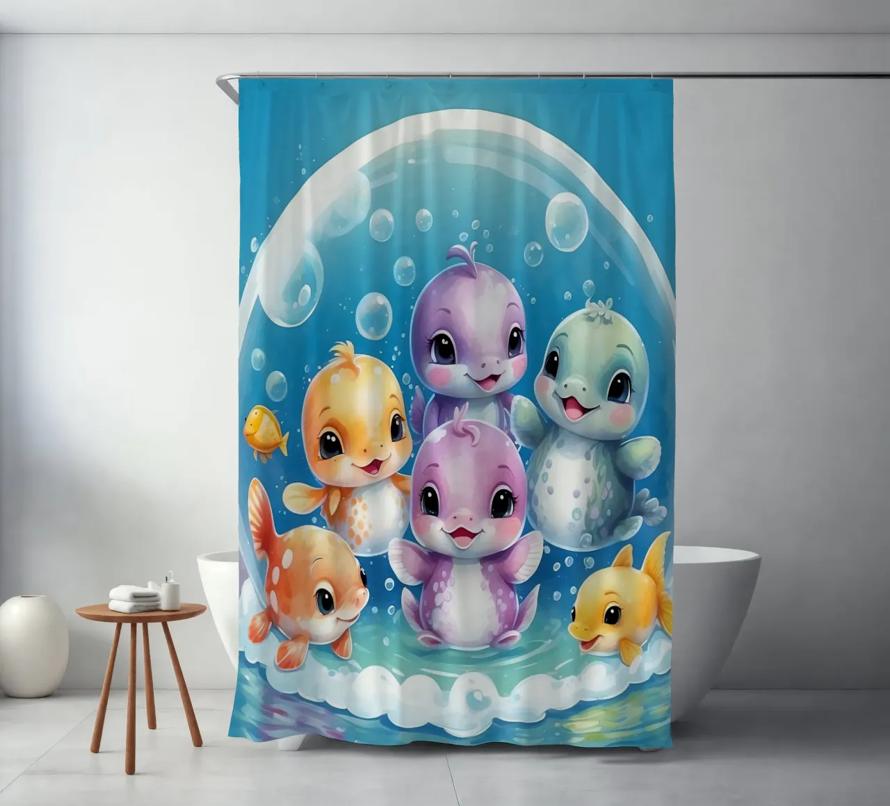 Simpatici personaggi acquatici giocano all'interno di una bolla sott'acqua tenda da doccia da DesignDoodle