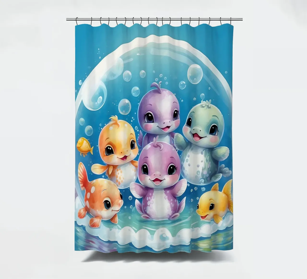 Simpatici personaggi acquatici giocano all'interno di una bolla sott'acqua tenda da doccia da DesignDoodle