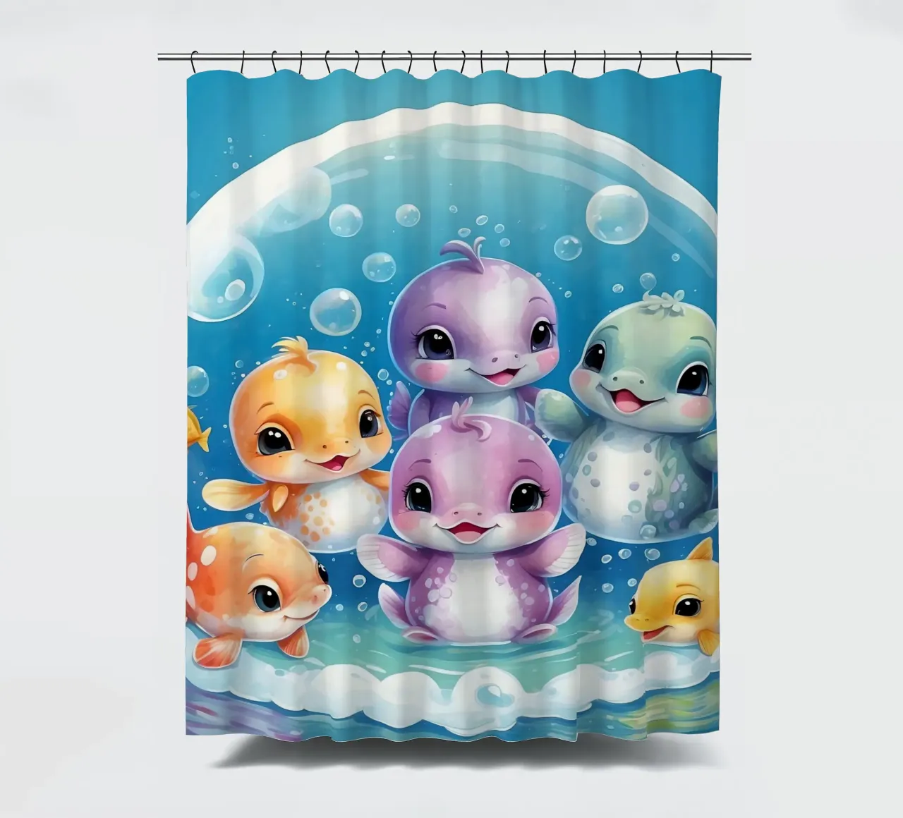 Simpatici personaggi acquatici giocano all'interno di una bolla sott'acqua tenda da doccia da DesignDoodle