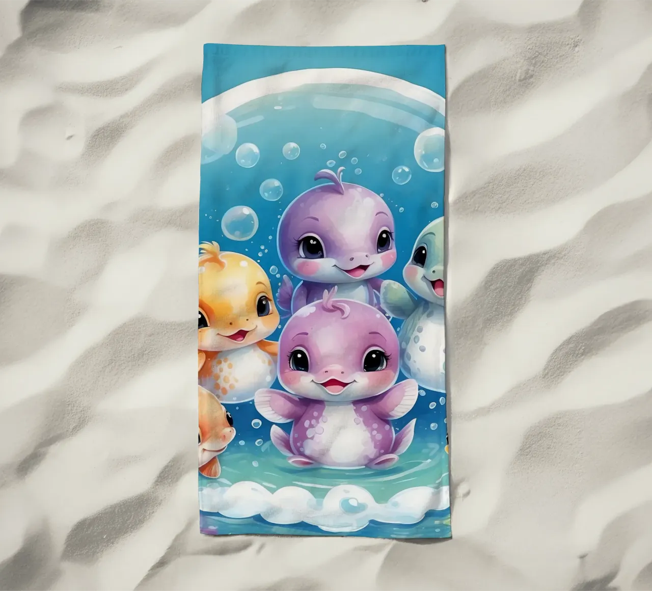 Simpatici personaggi acquatici giocano all'interno di una bolla sott'acqua telo mare da DesignDoodle
