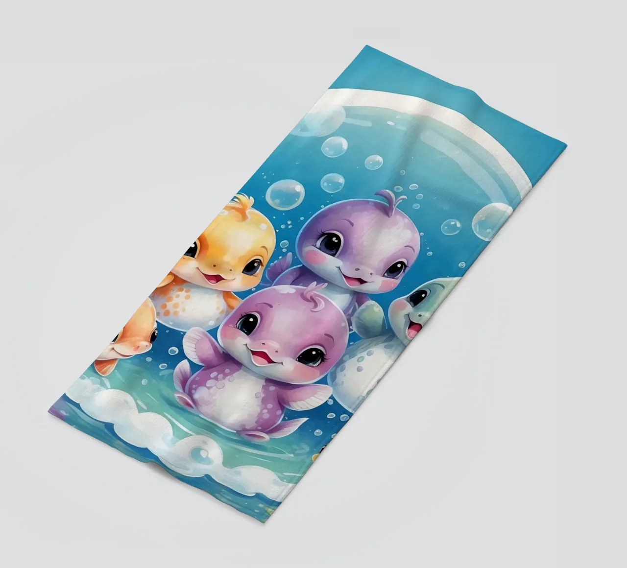 Simpatici personaggi acquatici giocano all'interno di una bolla sott'acqua telo mare da DesignDoodle