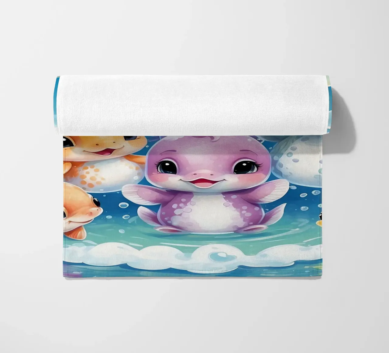 Simpatici personaggi acquatici giocano all'interno di una bolla sott'acqua telo mare da DesignDoodle
