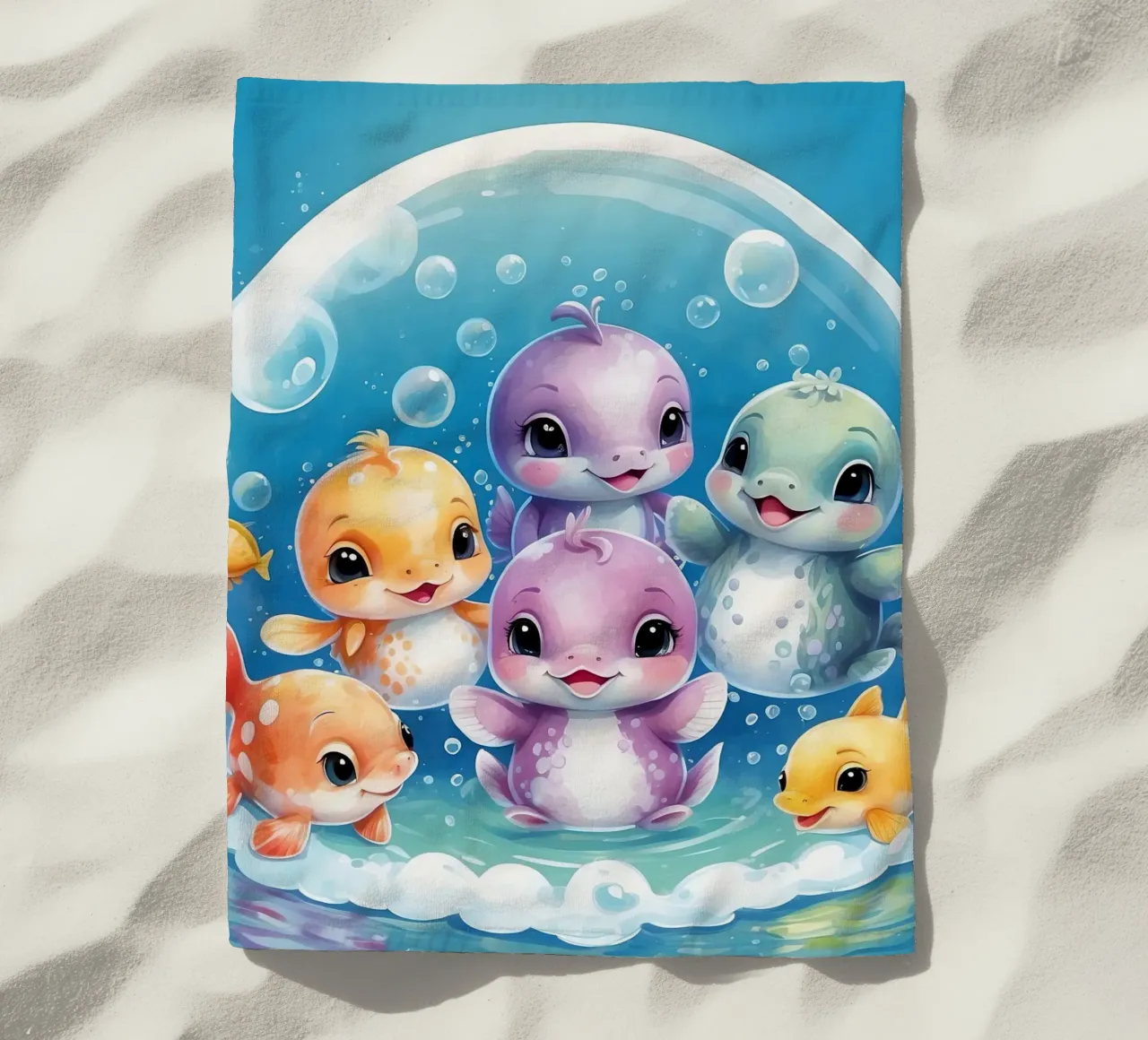 Simpatici personaggi acquatici giocano all'interno di una bolla sott'acqua telo mare da DesignDoodle