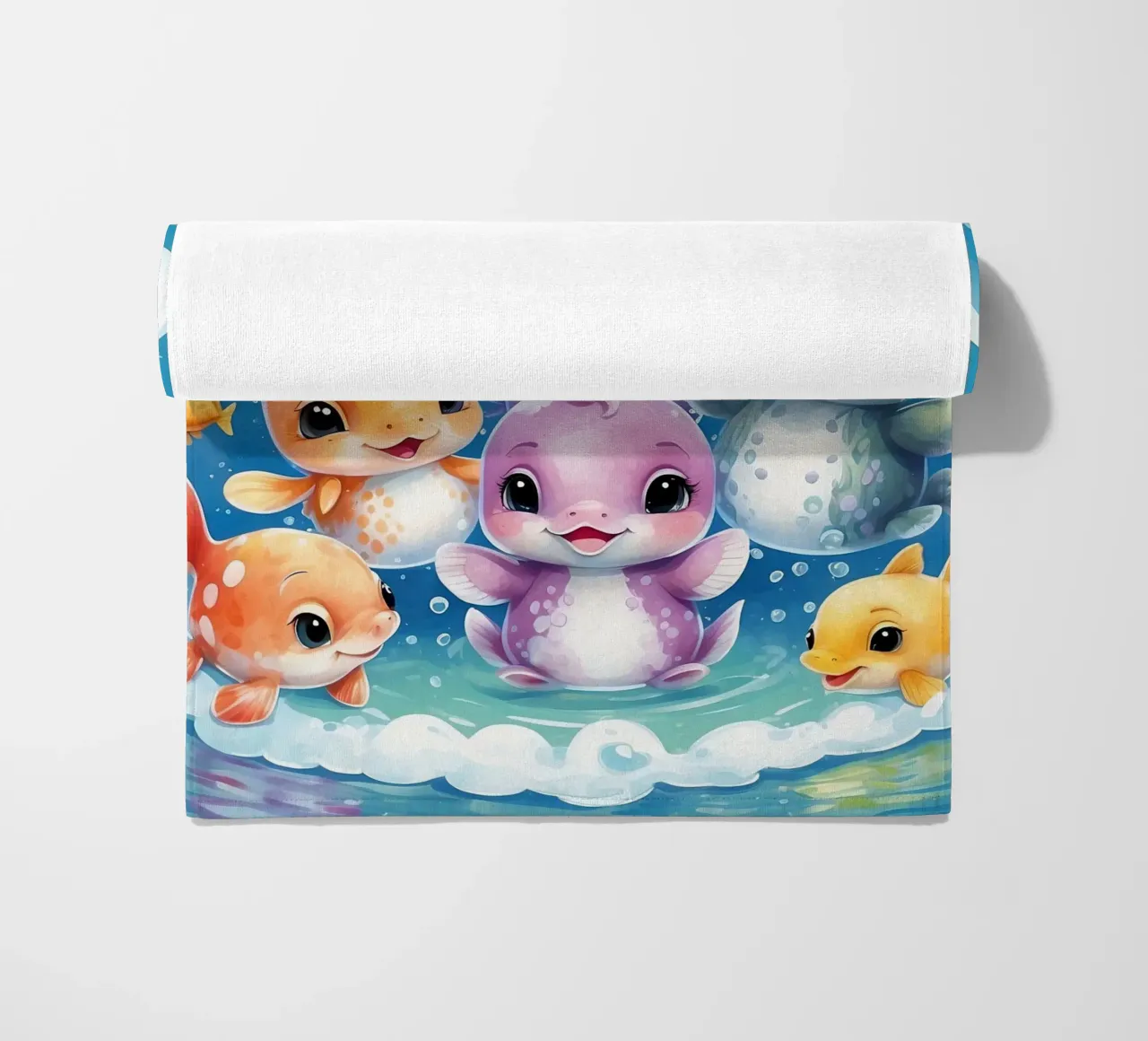 Simpatici personaggi acquatici giocano all'interno di una bolla sott'acqua telo mare da DesignDoodle