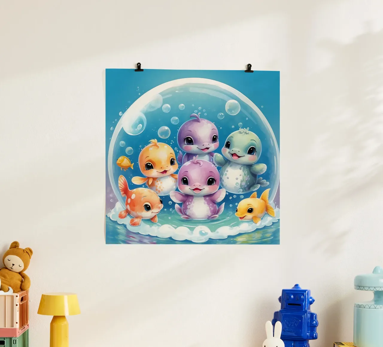 Simpatici personaggi acquatici giocano all'interno di una bolla sott'acqua carta hahnemühle da DesignDoodle