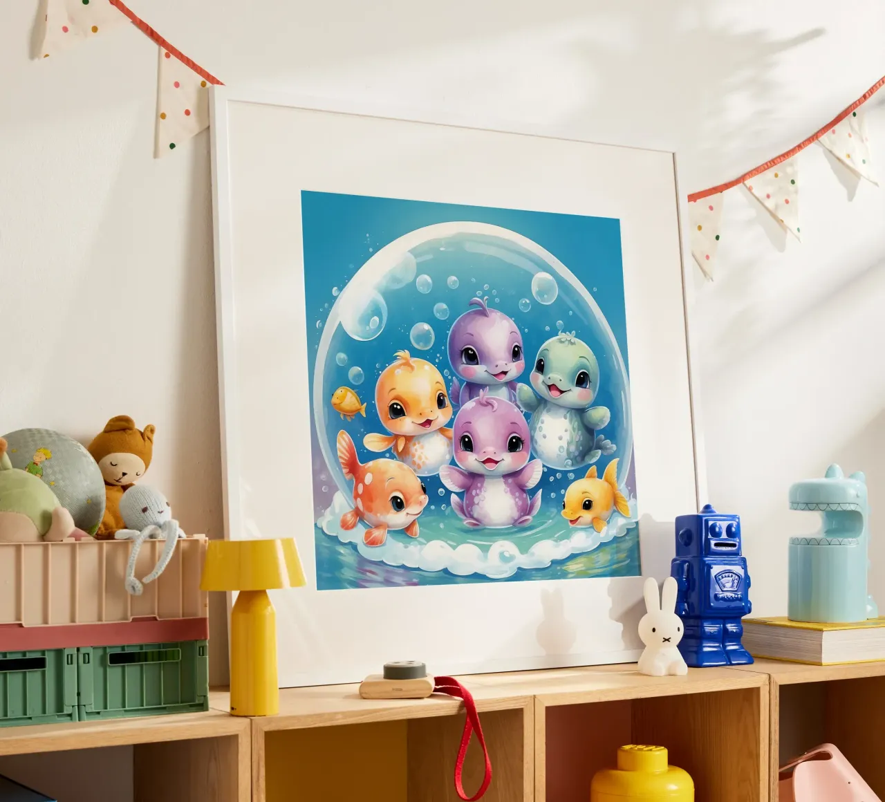 Simpatici personaggi acquatici giocano all'interno di una bolla sott'acqua carta hahnemühle da DesignDoodle