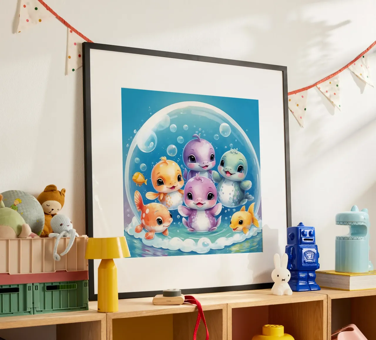 Simpatici personaggi acquatici giocano all'interno di una bolla sott'acqua carta hahnemühle da DesignDoodle
