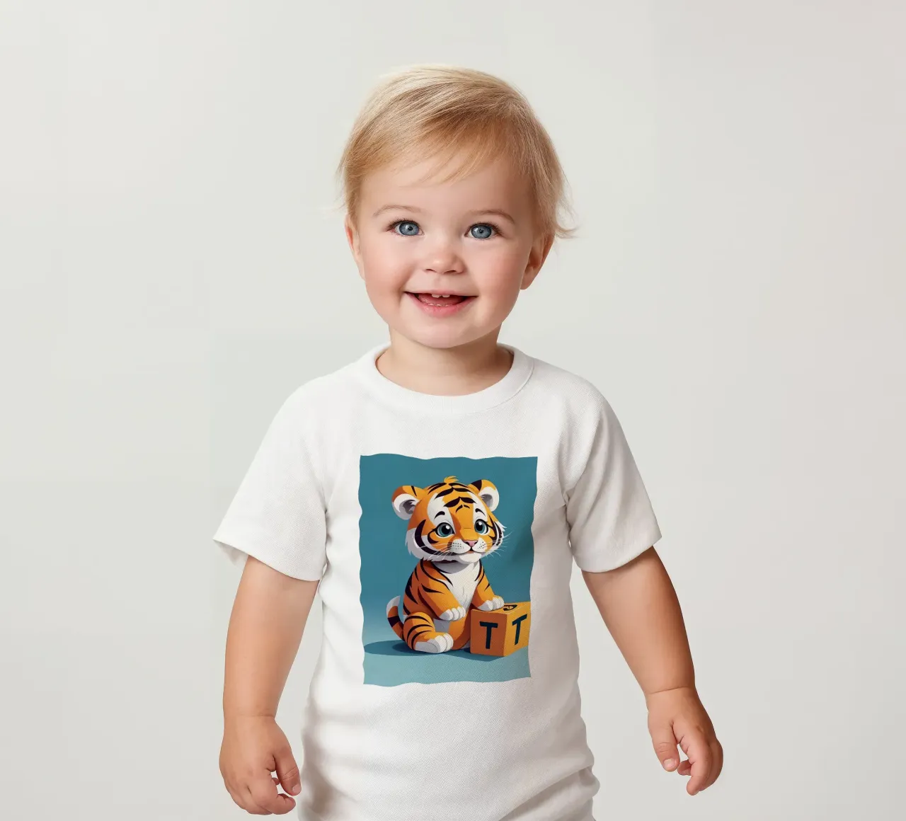 Cute tiger cub playing with a block with the letter T baby t-shirt by DesignDoodle