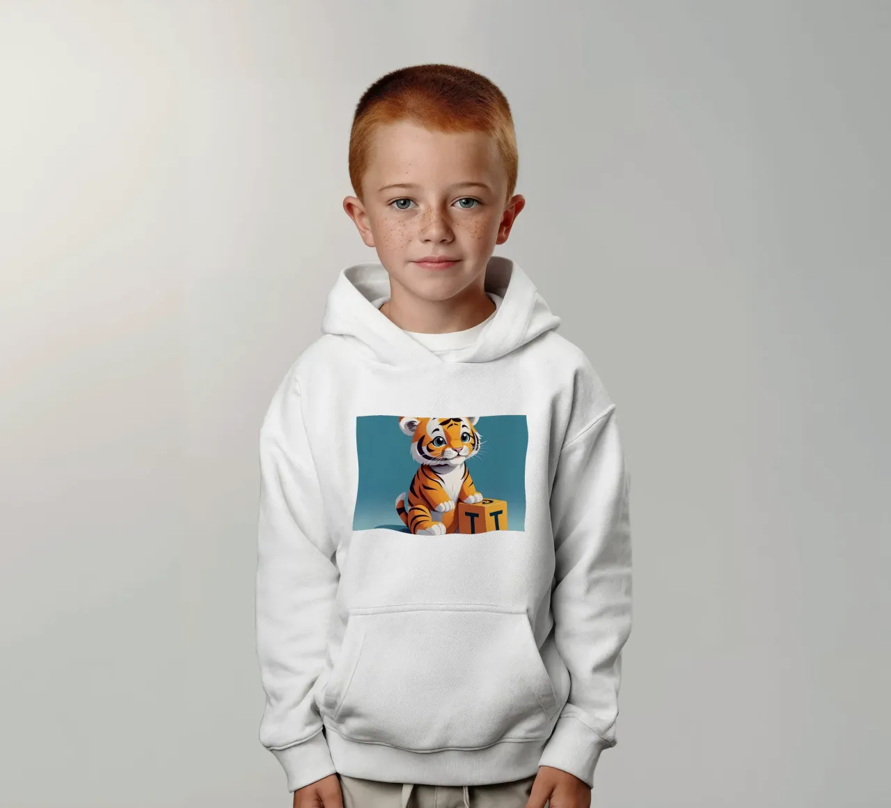 Cute tiger cub playing with a block with the letter T kids hoodie by DesignDoodle