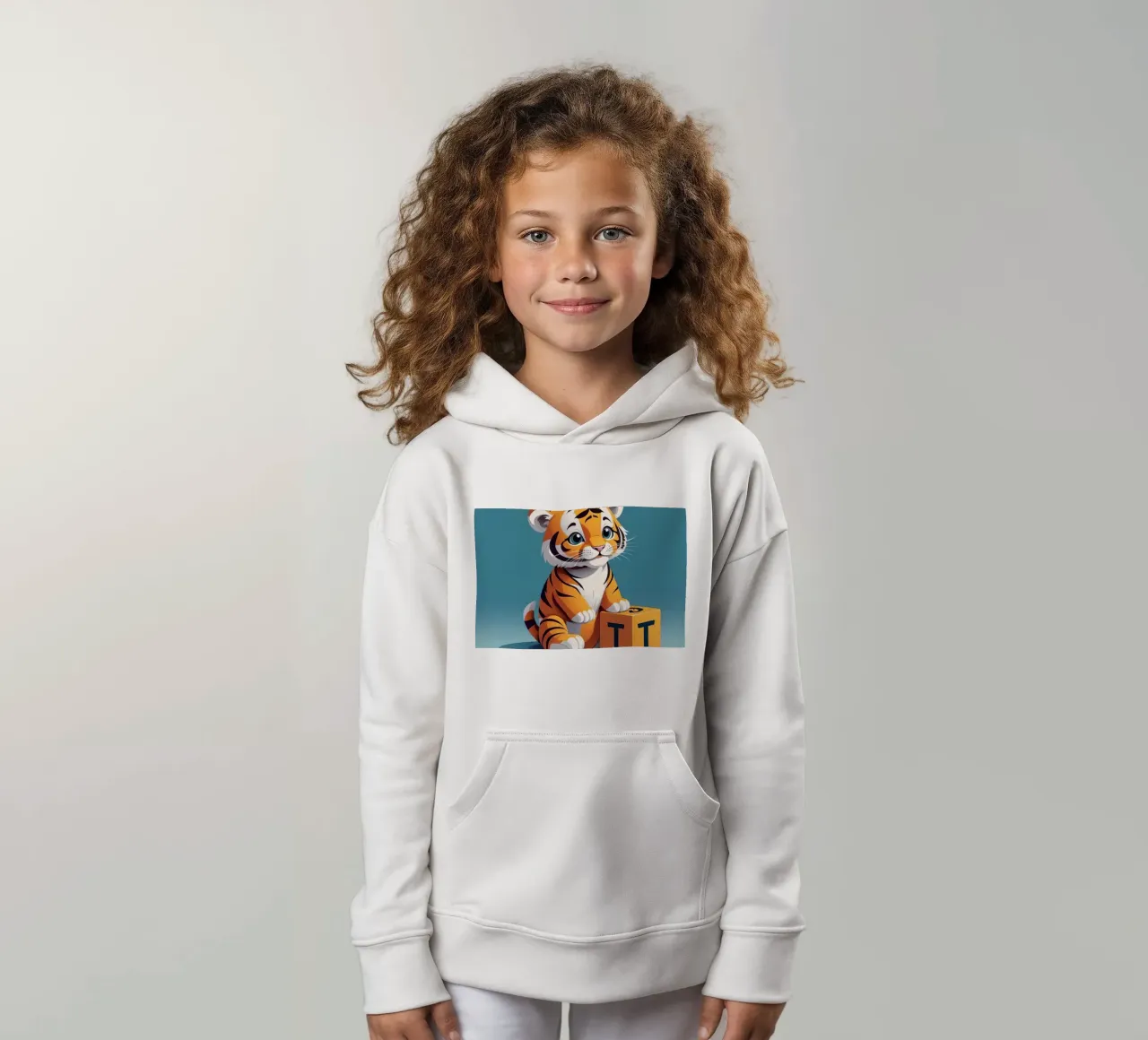 Cute tiger cub playing with a block with the letter T kids hoodie by DesignDoodle