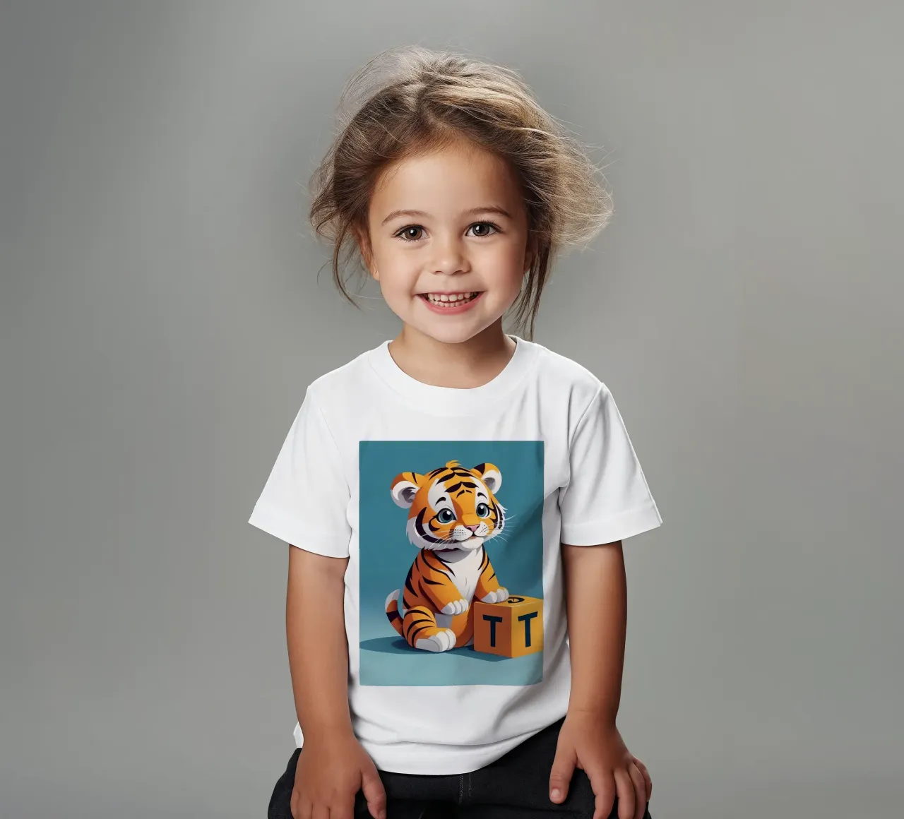 Cute tiger cub playing with a block with the letter T kids t-shirt by DesignDoodle