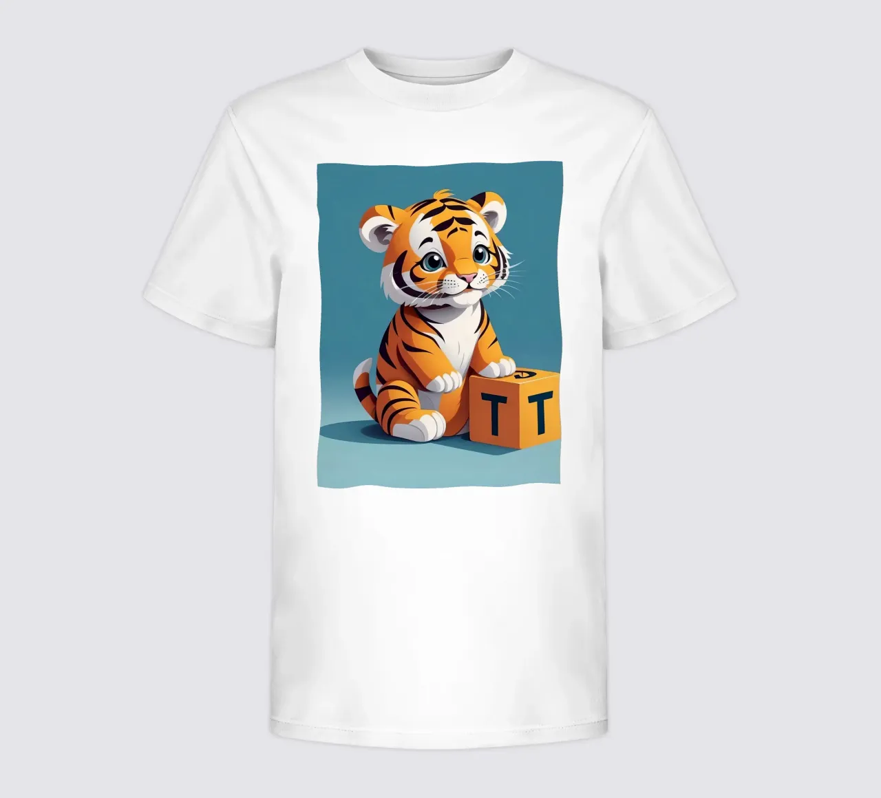 Cute tiger cub playing with a block with the letter T kids t-shirt by DesignDoodle