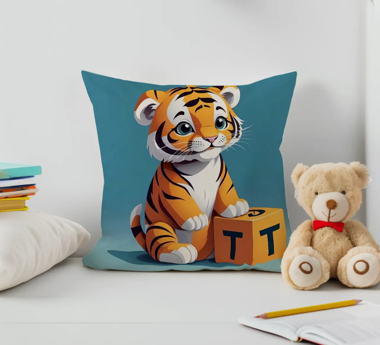 Simpatico cucciolo di tigre che gioca con un blocco con la lettera T cuscino da DesignDoodle