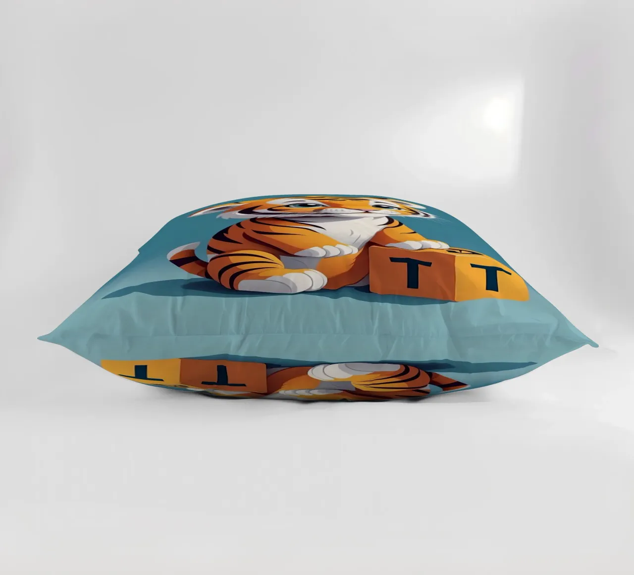 Simpatico cucciolo di tigre che gioca con un blocco con la lettera T cuscino da DesignDoodle