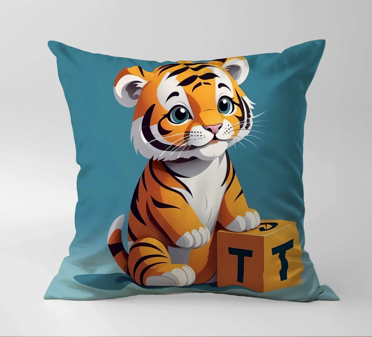 Simpatico cucciolo di tigre che gioca con un blocco con la lettera T cuscino da DesignDoodle