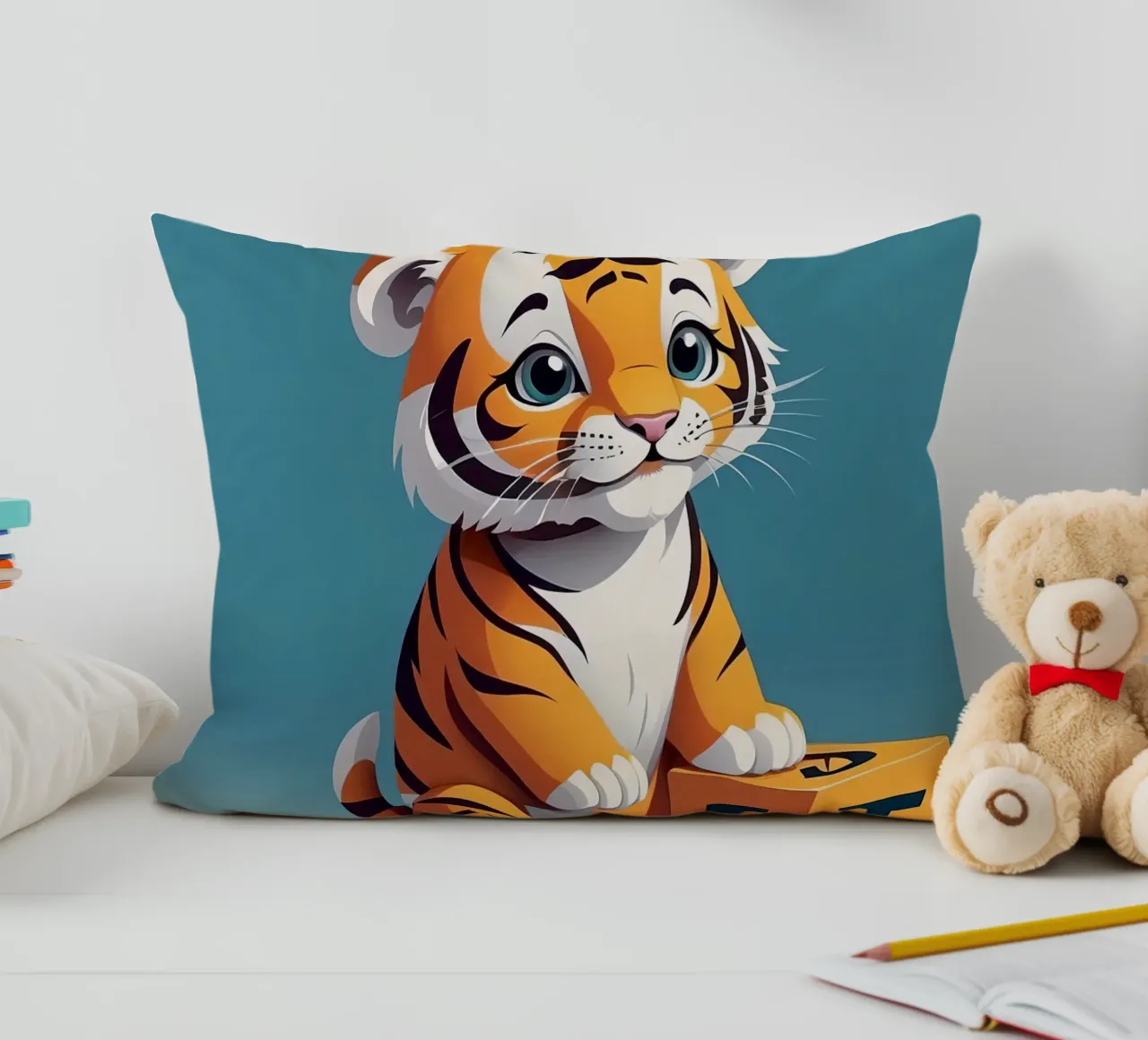 Simpatico cucciolo di tigre che gioca con un blocco con la lettera T cuscino da DesignDoodle
